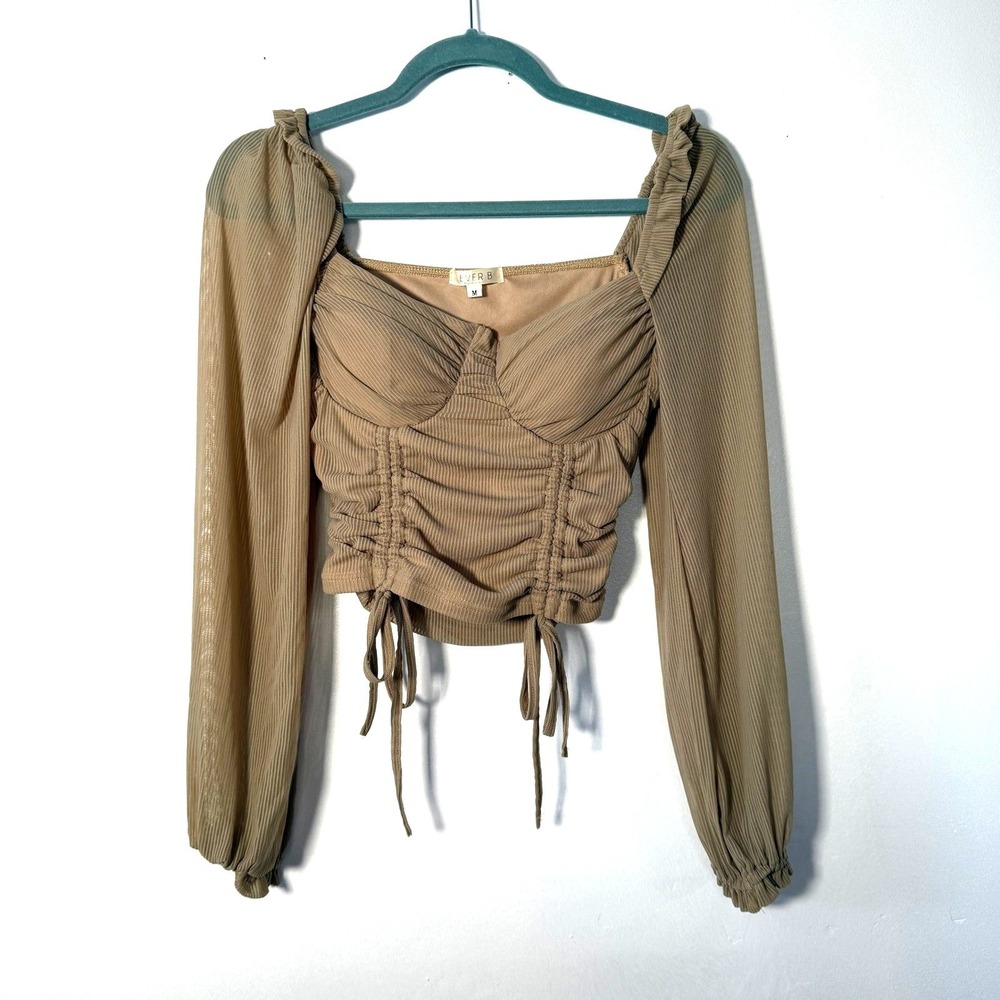 Ruched Bustier Fairy Crop Top Long Mesh Sleeve Beige Festival‎ Womens Medium